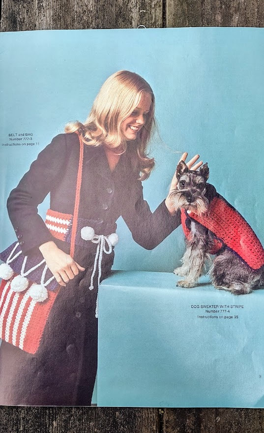 Columbia Minerva belt and bag in red white and blue.  Dog sweater with stripe worn by a Yorkie