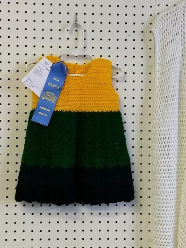 Yellow and Green Girl's Dress with first place ribbon displayed at the Dakota County Fair