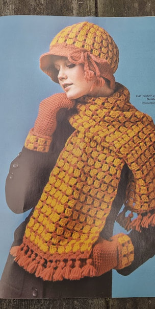 Columbia Minerva Hat, Scarf and Mittens 777-10.  Orange and yellow.