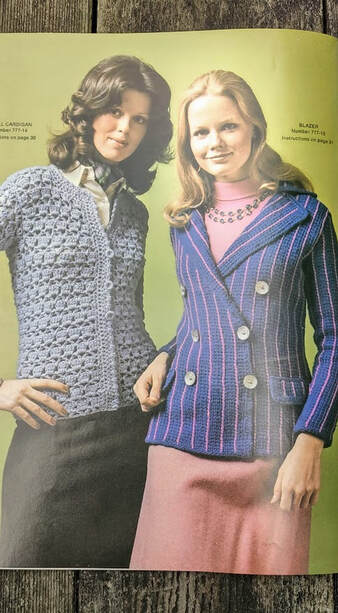 Columbia Minerva Shell Cardigan 777-14 in Gray, CM Blazer in777-15 Blue with Pink Stripes and large shell buttons 