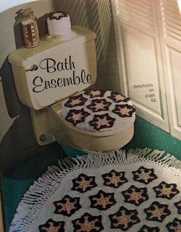 Bath Ensemble with flowers from Workbasket Magazine July 1966 includes a seat cover, a rug and  toilet paper cover