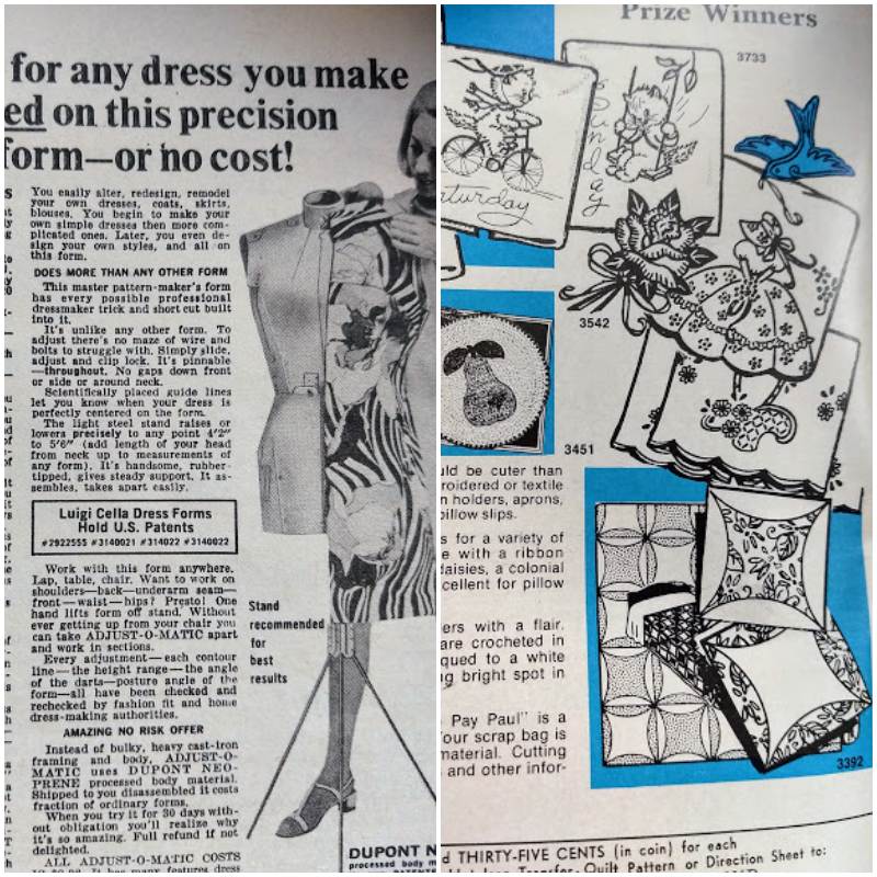 Workbasket Magazine March 1974 ads for a dress form and embroidery patternsDress