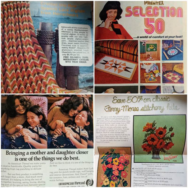 Workbasket Magazine March 1974 ads for Herrschner's afghan, Phentex punch needle rugs, American Thread, Ferry-Morse stitchery kits