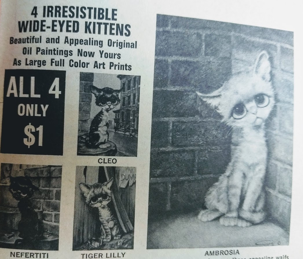 Vintage ad for wide-eyed kitten oil paintings
