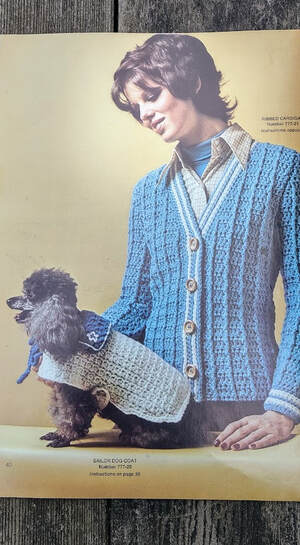 Columbia Minerva Sailor Dog Coat (worn by a cute poodle) and Ribbed Cardigan in blue worn by a woman