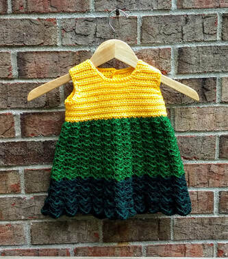 Girl's Vintage Dress from 1977 June Workbasket Magazine in Knit Picks Brava Worsted yarn; Canary, Grass, Hunter - front view